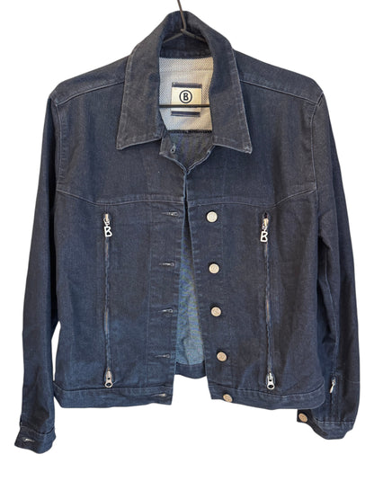 Brandsamsara blue cotton blend denim jacket with silver zipper pockets and button front closure