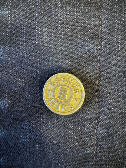 Brandsamsara Bogner Jeans jacket featuring a gold-toned metal button with embossed branding on dark blue denim fabric.