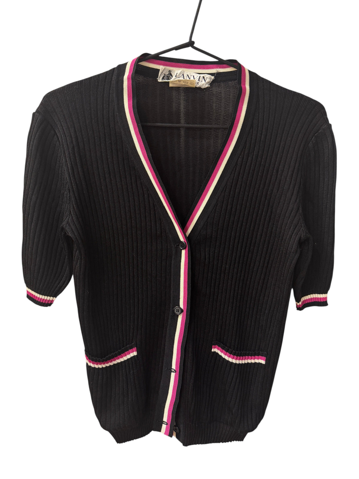 Brandsamsara Lanvin black acetate blend ribbed cardigan with pink and white striped trim and button-front closure