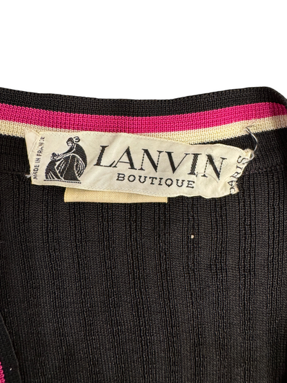 Brandsamsara Lanvin black acetate blend top featuring a white label with pink and cream striped trim