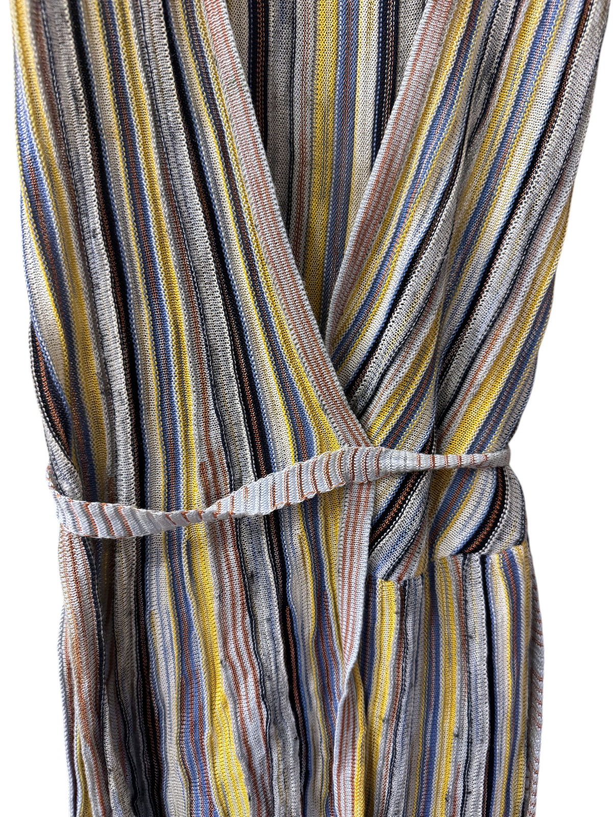 Brandsamsara Missoni wrap dress in a multicolor striped cotton blend knit with a tie waist detail.