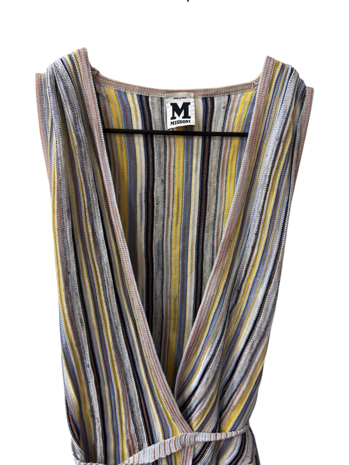 Brandsamsara Missoni sleeveless dress in a multicolor striped cotton blend knit with a deep V-neckline.