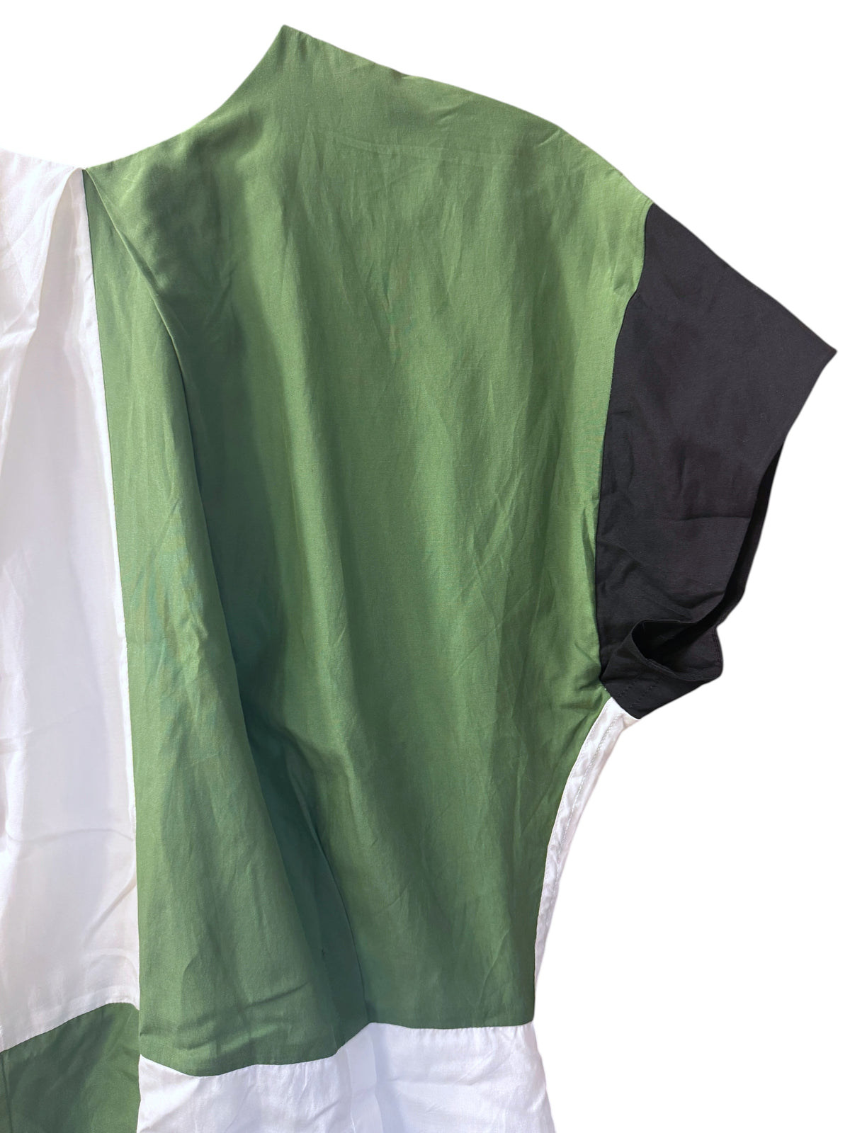 Brandsamsara Acne Studios short sleeve dress in a multicolor silk blend with green, white, and black panels.