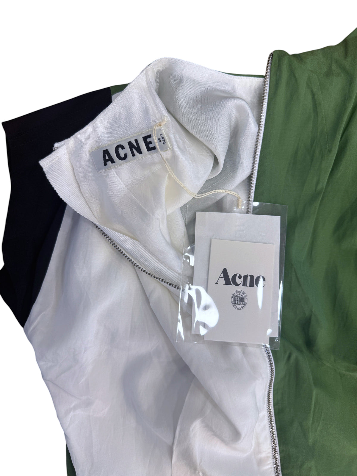 Brandsamsara Acne Studios multicolor silk blend dress with white lining and brand tag detail