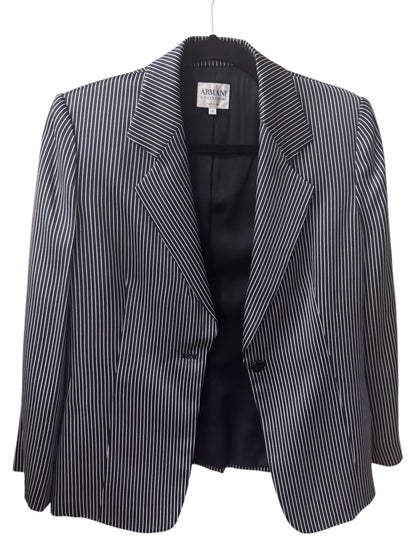 Brandsamsara Armani Collezioni black and white pinstriped silk suit jacket with long sleeves and polyester lining.