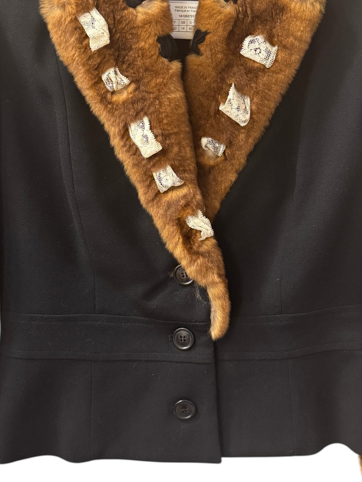 Brandsamsara vintage John Galliano black wool jacket with brown Orylag fur trim and lace detailing