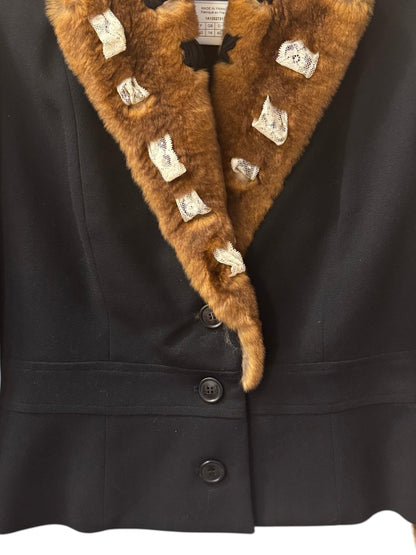 Brandsamsara vintage John Galliano black wool jacket with brown Orylag fur trim and lace detailing