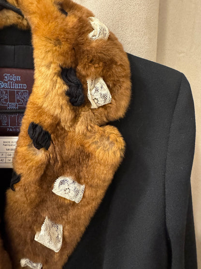 Brandsamsara vintage John Galliano jacket featuring brown Orylag fur trim with black accents and delicate lace details.