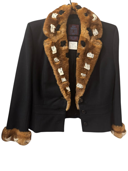 Brandsamsara vintage John Galliano black wool jacket with brown Orylag fur trim and lace detailing on cuffs and collar