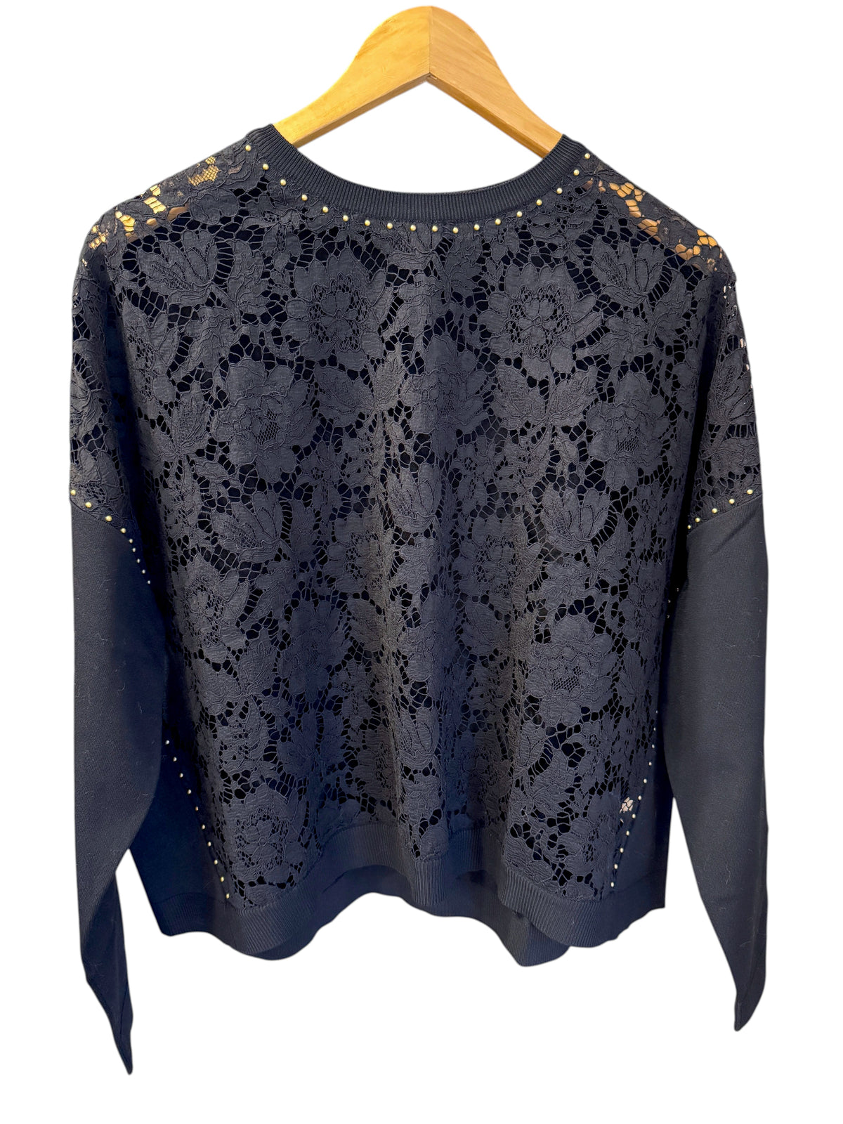 Brandsamsara black long sleeve Valentino top featuring intricate floral lace panels and delicate gold stud detailing.