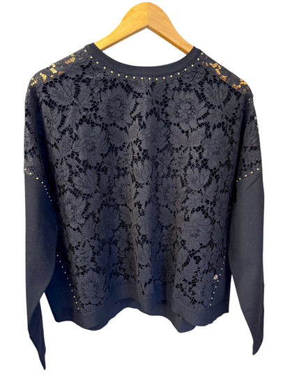 Brandsamsara black long sleeve Valentino top featuring intricate floral lace panels and delicate gold stud detailing.