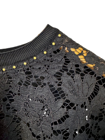 Brandsamsara black Valentino long sleeve top featuring intricate floral lace detailing and gold stud embellishments.