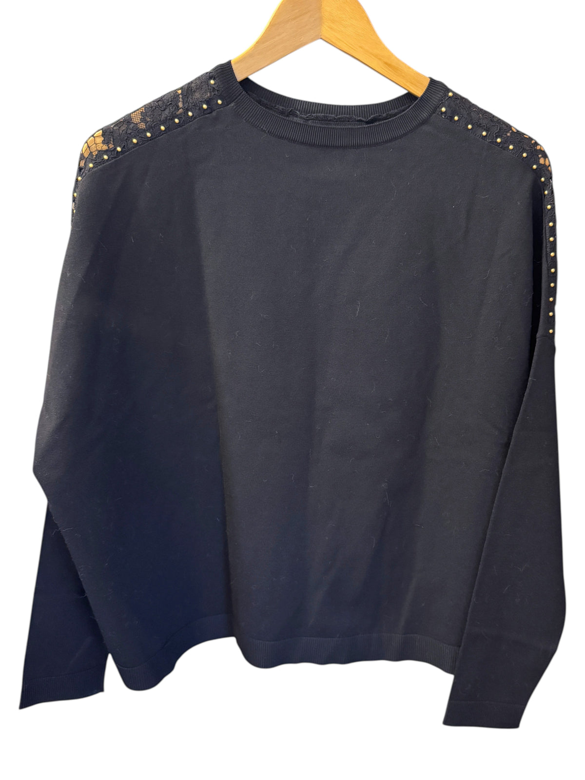 Brandsamsara black long sleeve Valentino top featuring lace shoulder panels and delicate gold stud detailing.