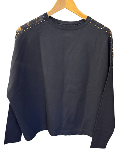 Brandsamsara black long sleeve Valentino top featuring lace shoulder panels and delicate gold stud detailing.