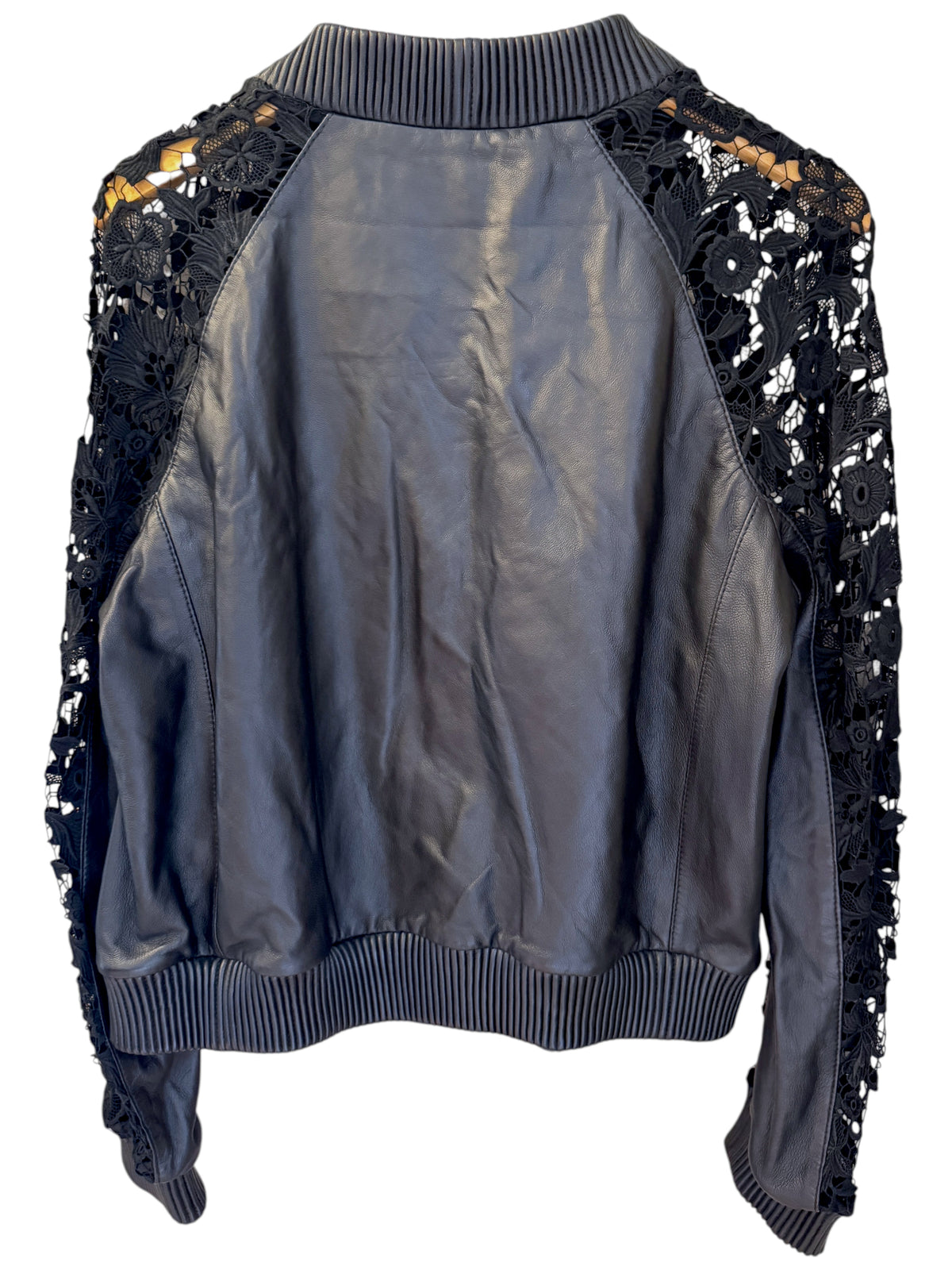 Brandsamsara Escada black leather jacket with intricate floral lace panels on the sleeves and ribbed trim