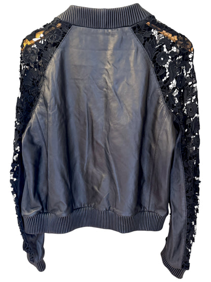Brandsamsara Escada black leather jacket with intricate floral lace panels on the sleeves and ribbed trim