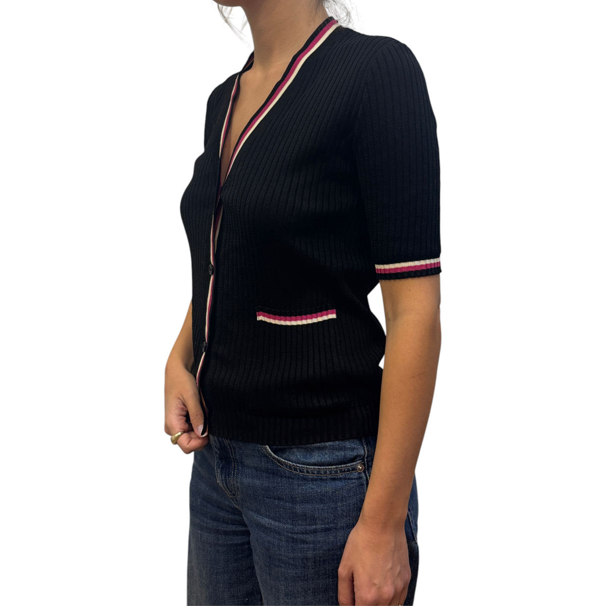 Brandsamsara black ribbed acetate blend top with pink and white striped trim on the V-neck and short sleeves