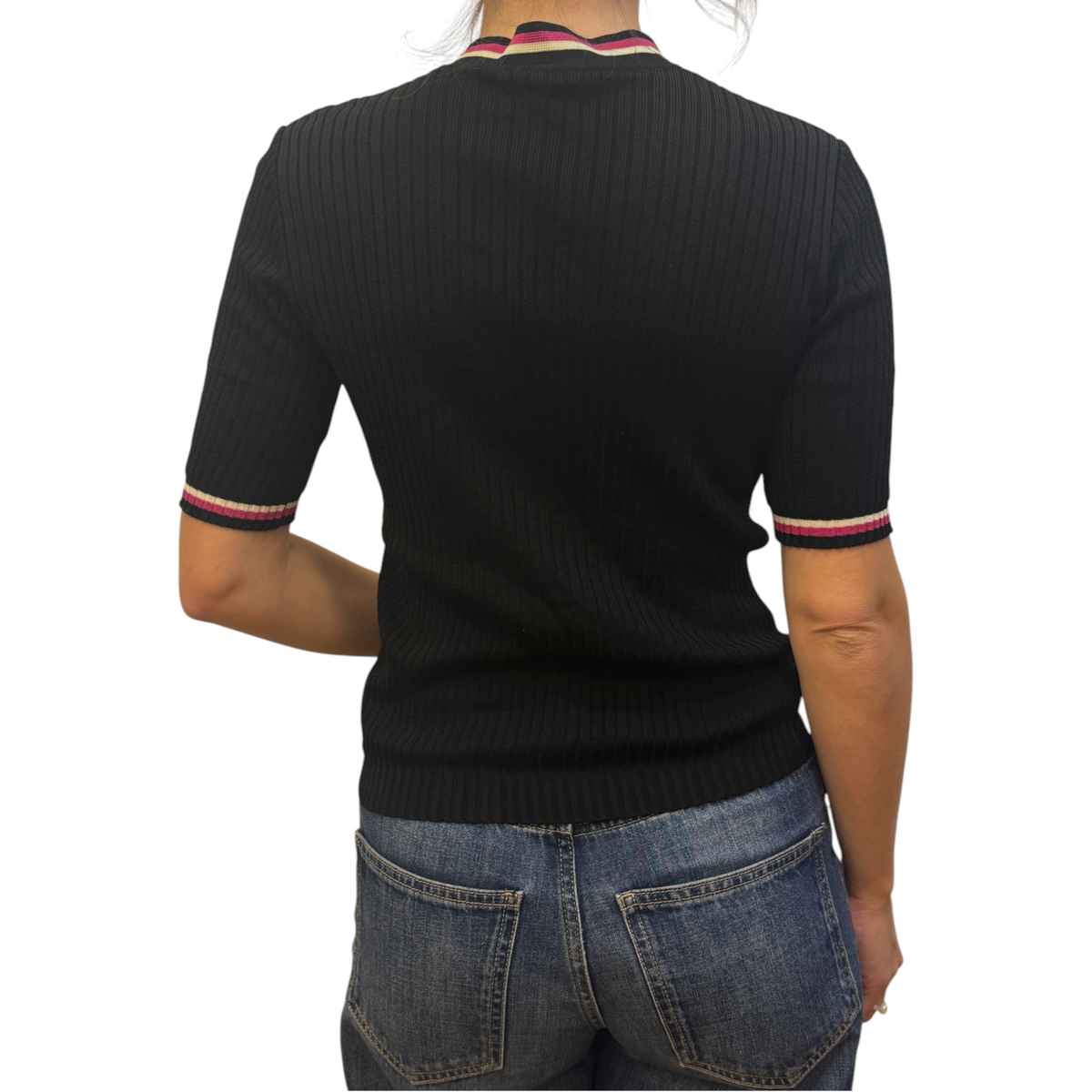 Brandsamsara black ribbed Lanvin top with pink and white striped trim on the collar and short sleeves