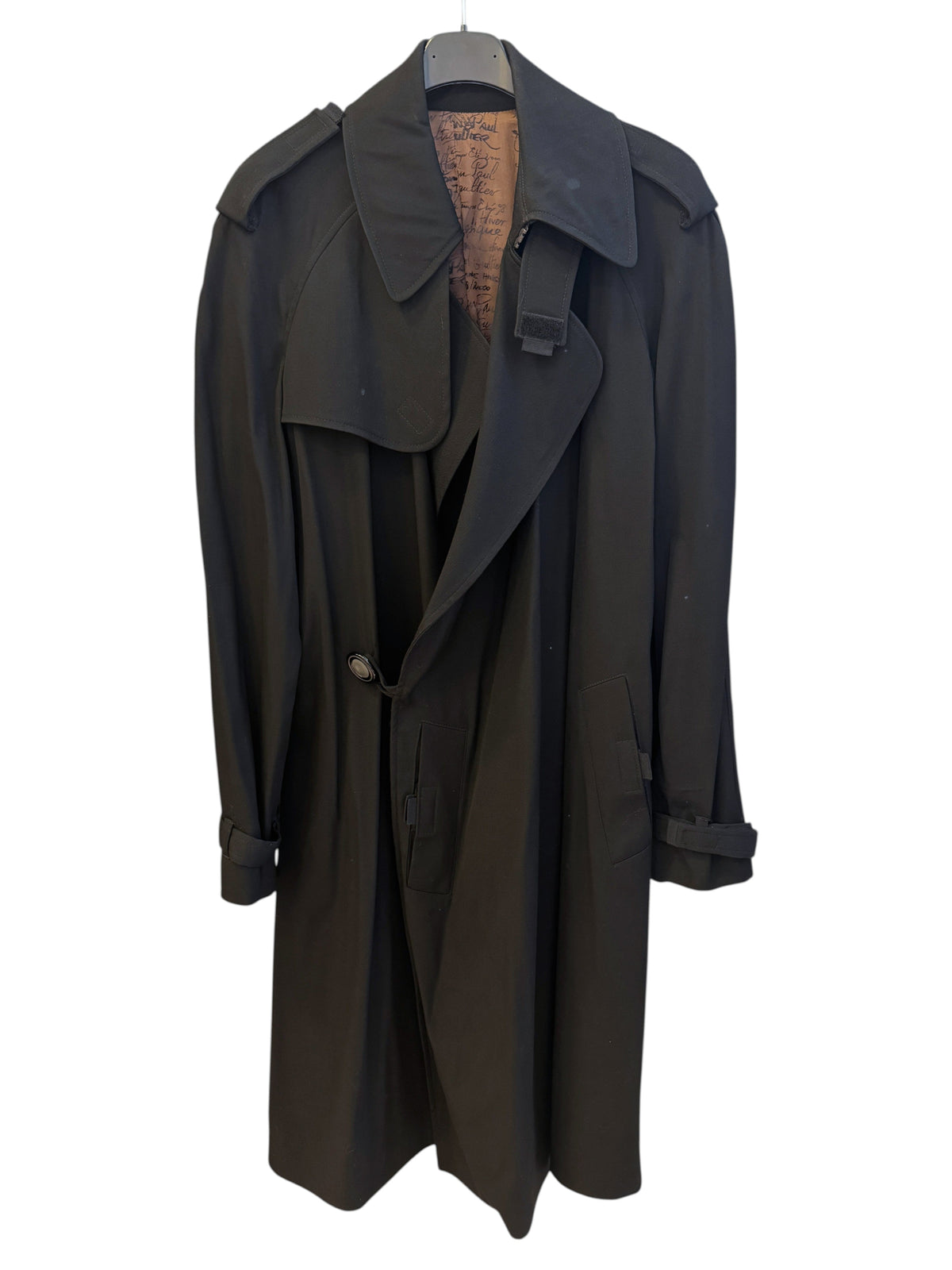 Brandsamsara Jean Paul Gaultier black trench coat with structured shoulders and signature script lining