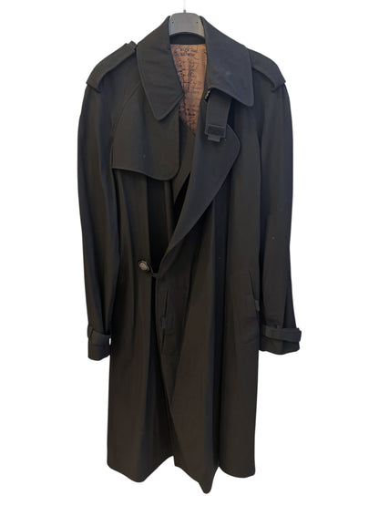Brandsamsara Jean Paul Gaultier black trench coat with structured shoulders and signature script lining