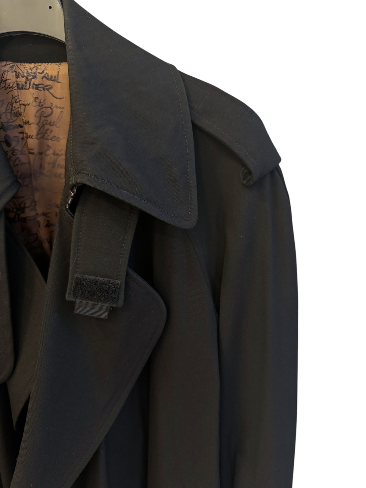 Brandsamsara Jean Paul Gaultier black trench coat with signature logo print lining and shoulder epaulettes