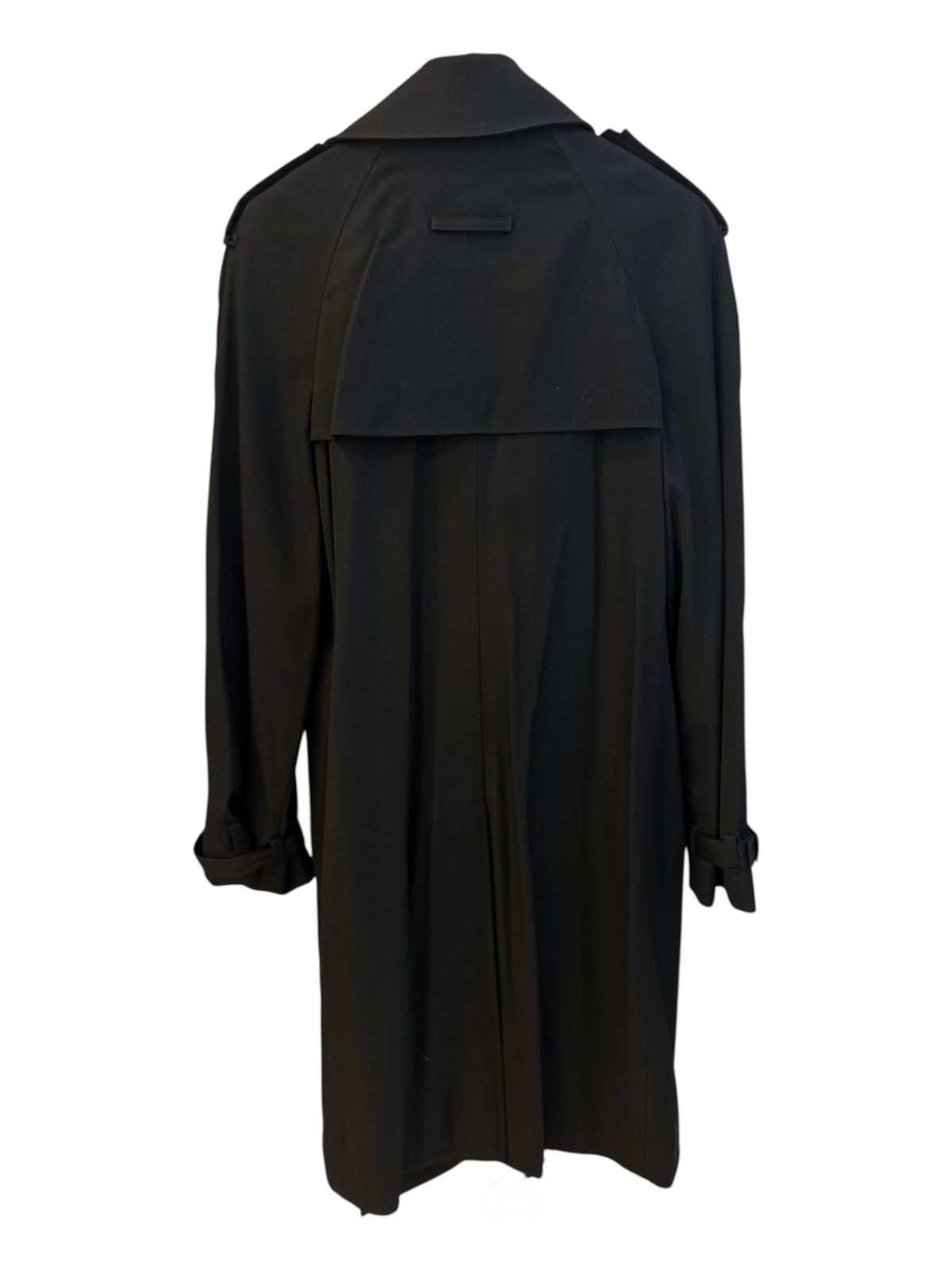 Brandsamsara Jean Paul Gaultier black trench coat with back storm flap and shoulder epaulettes, rear view