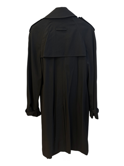 Brandsamsara Jean Paul Gaultier black trench coat with back storm flap and shoulder epaulettes, rear view