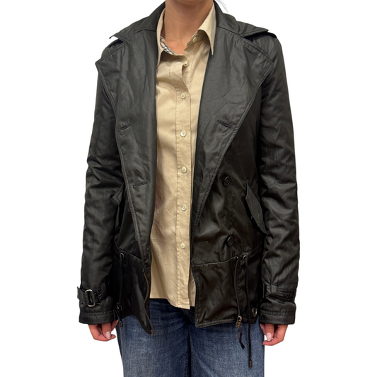 Brandsamsara black CNC Costume National long sleeve coat with double-breasted button closure and belted cuffs
