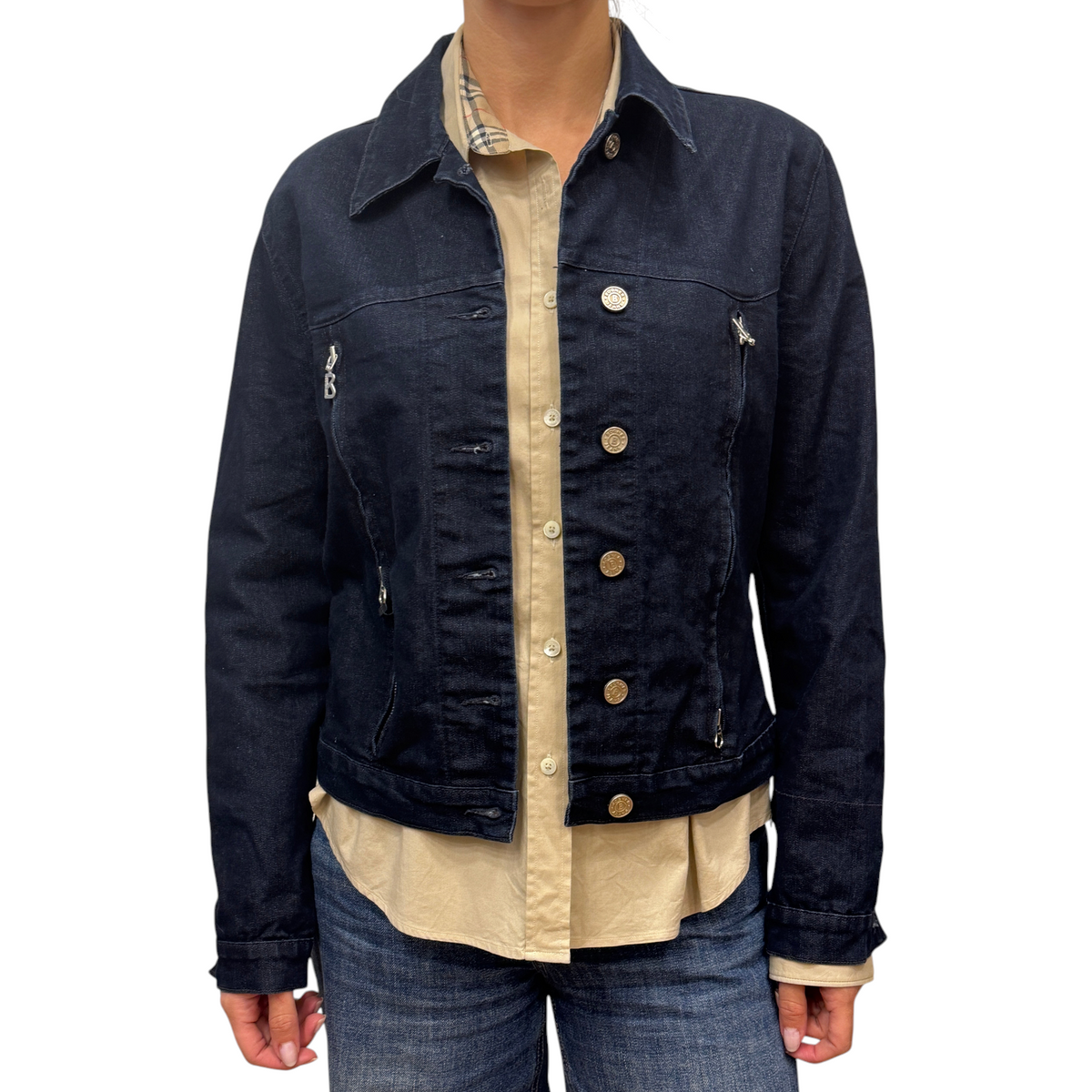 Brandsamsara Bogner blue cotton blend denim jacket with metal button closure and zip pockets worn by a model