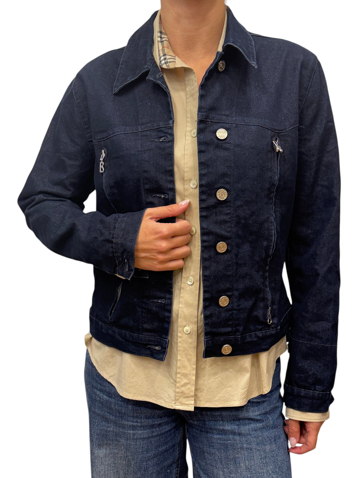 Brandsamsara dark blue cotton blend denim jacket with metal buttons and zippered pockets worn by a model
