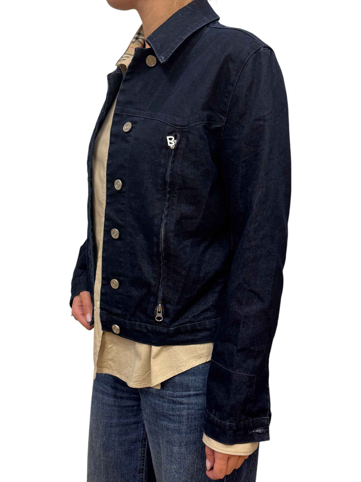 Brandsamsara dark blue Bogner cotton blend denim jacket with silver button hardware and zippered chest pocket