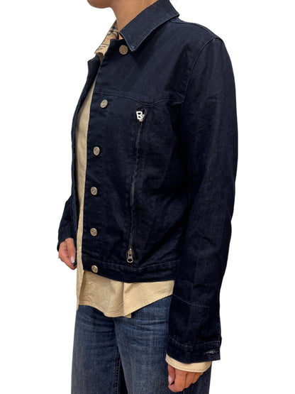 Brandsamsara dark blue Bogner cotton blend denim jacket with silver button hardware and zippered chest pocket