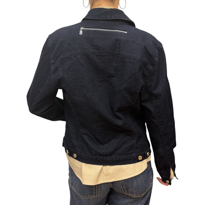 Brandsamsara Bogner blue cotton blend denim jacket with back zipper detail worn by a model