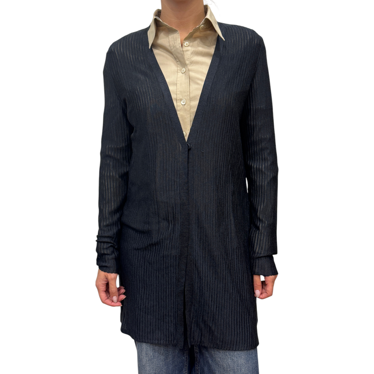 Brandsamsara Akris long sleeve blue silk cardigan worn over a beige button-down shirt