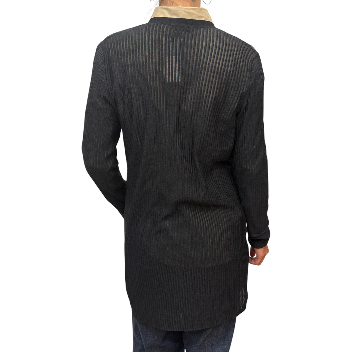 Brandsamsara Akris long sleeve cardigan in dark blue silk with a ribbed texture, back view on a model