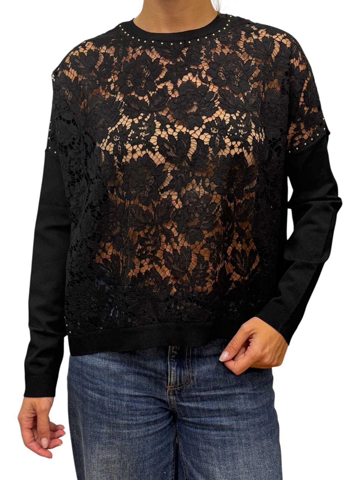 Brandsamsara black long sleeve Valentino top featuring intricate lace detailing and subtle stud embellishments