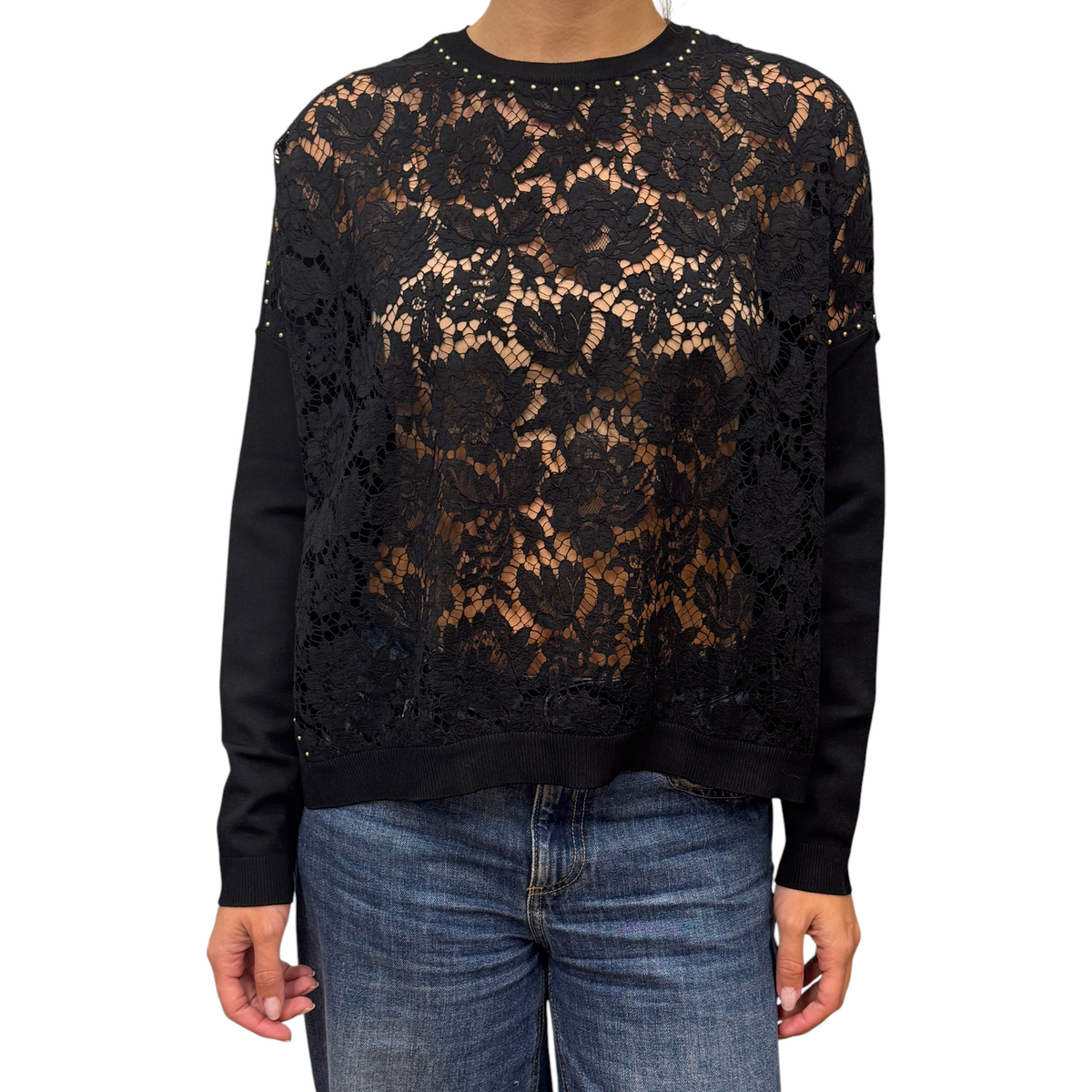 Brandsamsara black Valentino long sleeve top featuring intricate lace front panel and ribbed knit details
