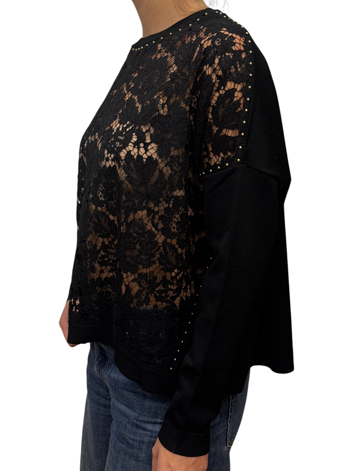 Brandsamsara black Valentino long sleeve top featuring intricate lace panels and delicate gold stud detailing.