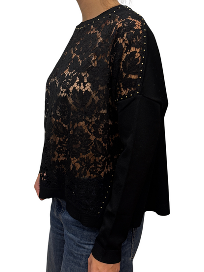 Brandsamsara black Valentino long sleeve top featuring intricate lace panels and delicate gold stud detailing.