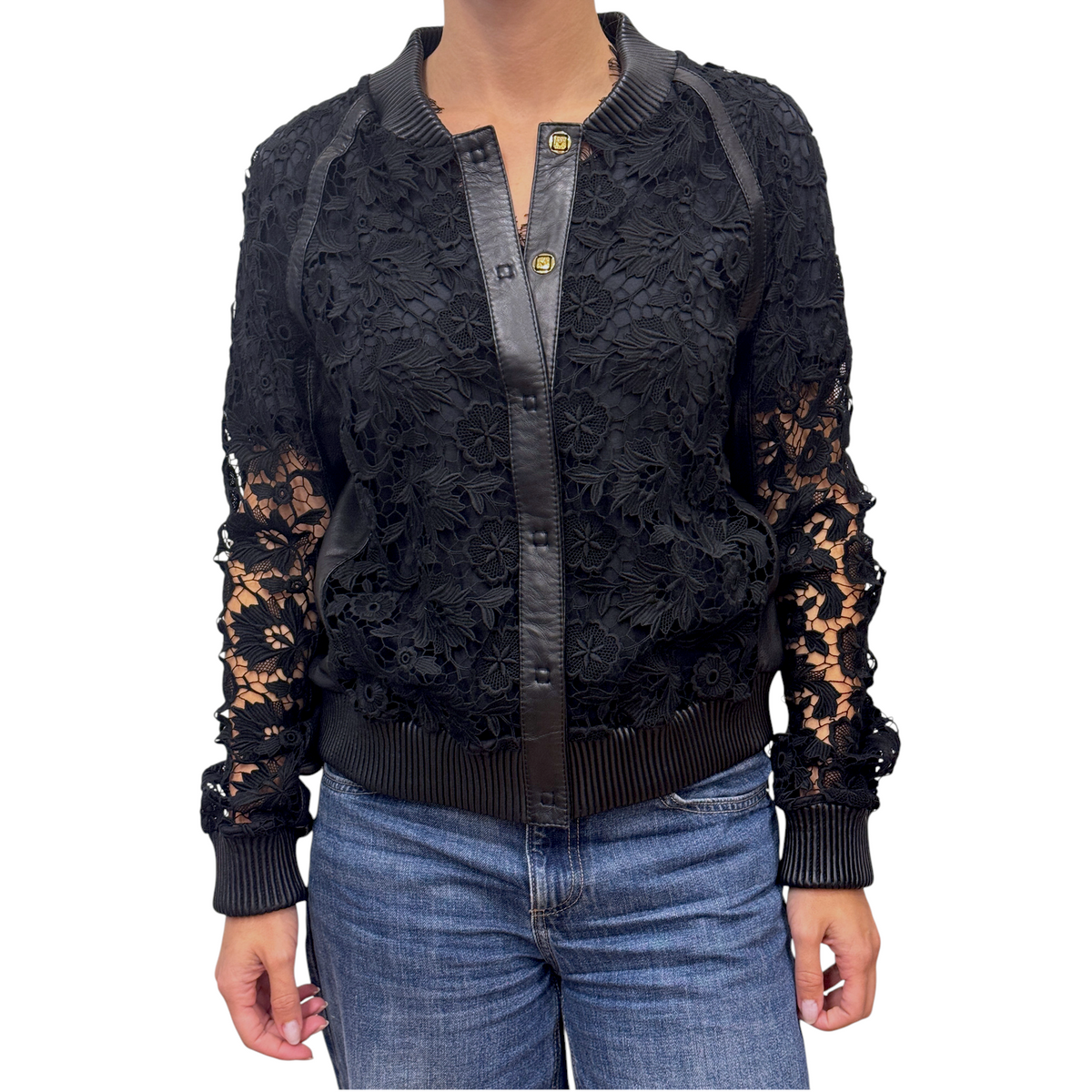 Brandsamsara black leather bomber jacket with intricate floral lace panels and gold button details