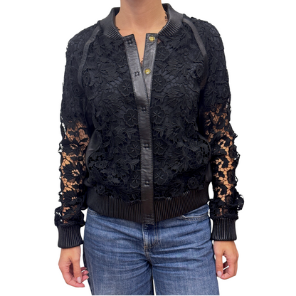 Brandsamsara black leather bomber jacket with intricate floral lace panels and gold button details