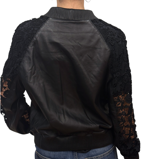 Brandsamsara black leather bomber jacket with intricate floral lace sleeves and ribbed trim, back view