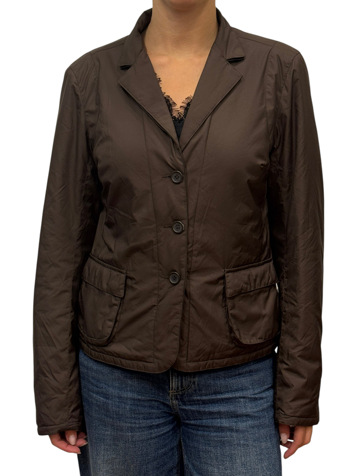 Brandsamsara brown polyester Aspesi jacket with long sleeves, notched lapels, and two front flap pockets.