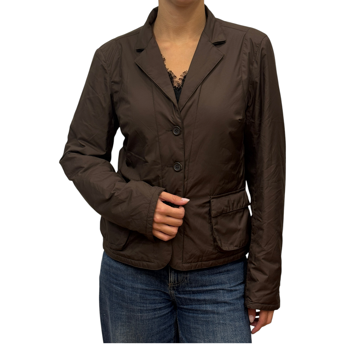 Brandsamsara brown polyester lined jacket with a notched collar and button closure worn by a woman