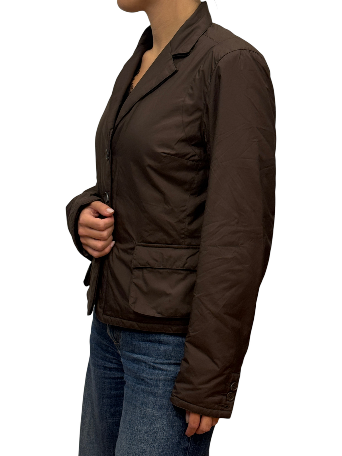 Brandsamsara Aspesi brown polyester long sleeve lined jacket with button closure worn by a model