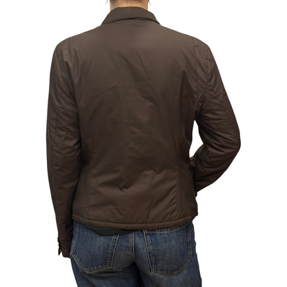 Back view of a Brandsamsara brown polyester lined jacket with long sleeves worn by a person