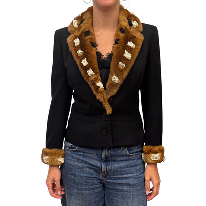 Brandsamsara vintage John Galliano black wool jacket with brown Orylag fur trim and lace detailing on cuffs and collar