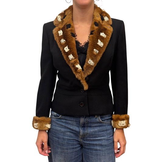 Brandsamsara vintage John Galliano black wool jacket with brown Orylag fur trim and lace detailing on cuffs and collar