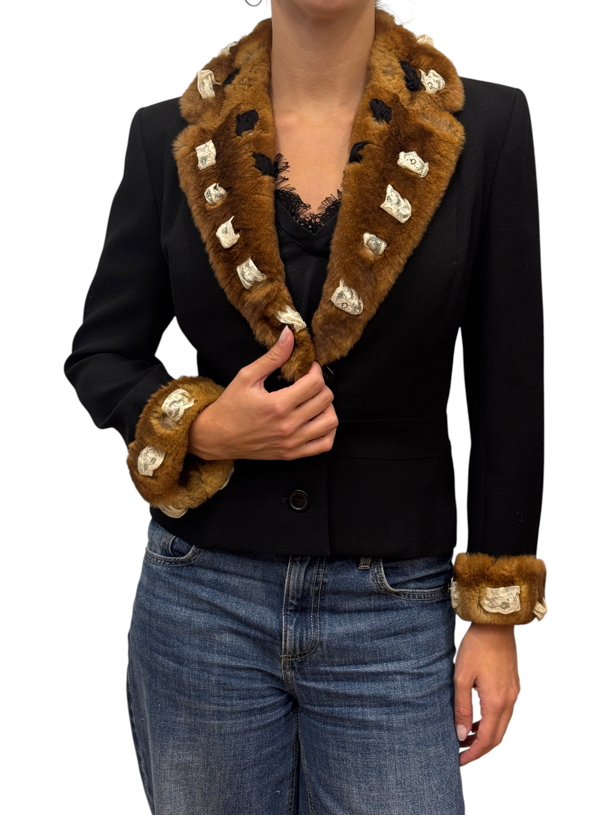 Brandsamsara vintage John Galliano black wool jacket with brown Orylag fur trim and lace detailing on cuffs and collar