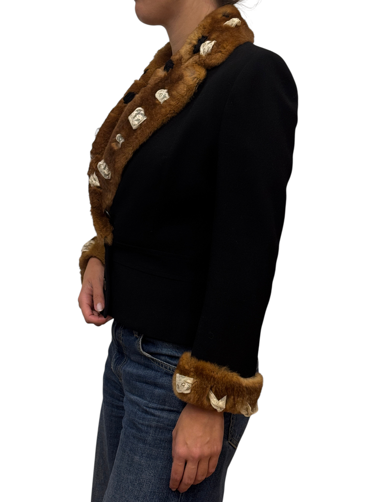 Brandsamsara vintage John Galliano black wool jacket with brown Orylag fur trim and decorative buttons, side view